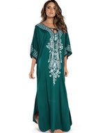 2026 Indie Folk Embroidered Short Sleeve Summer Dress Cotton Tunic Beach Kaftan Women Beachwear Swimsuit Cover Up Robe de plage - Matrix Studios
