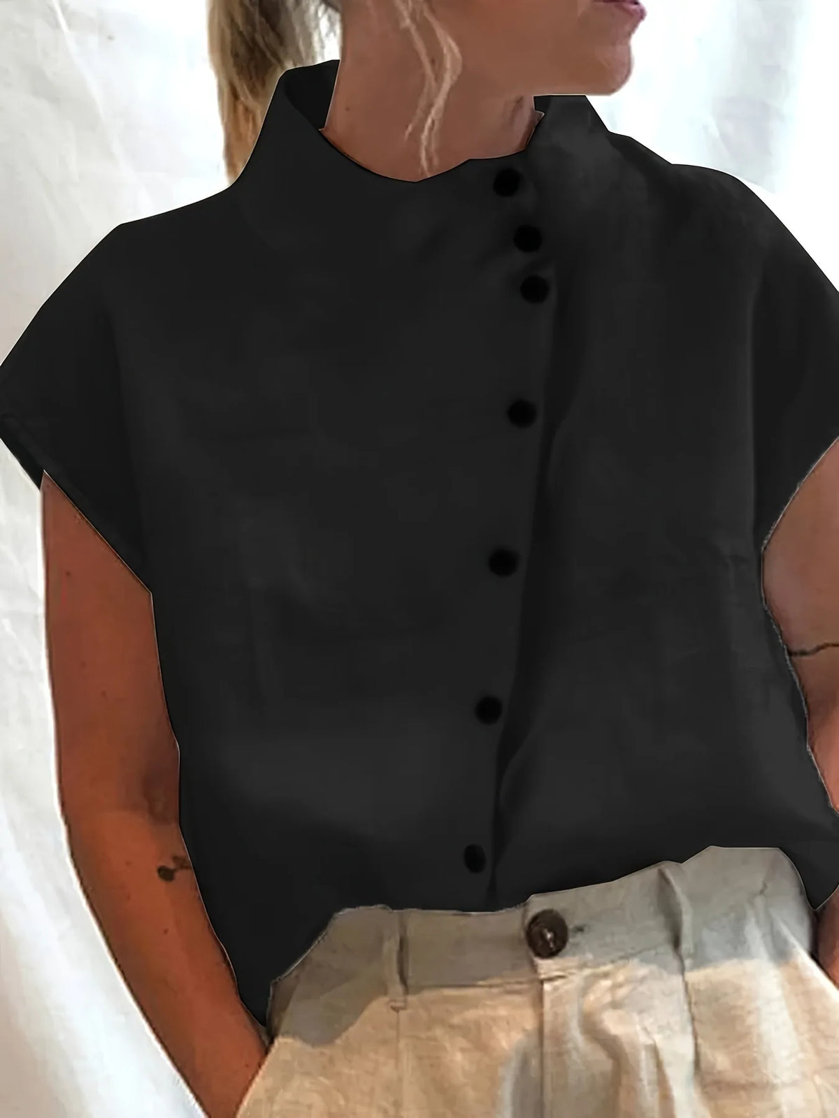 Summer Cotton Short Sleeve Blouse Women 2025 Fashion Button Stand Collar Loose Shirts And Blouses Tops Casual - Matrix-studios.com