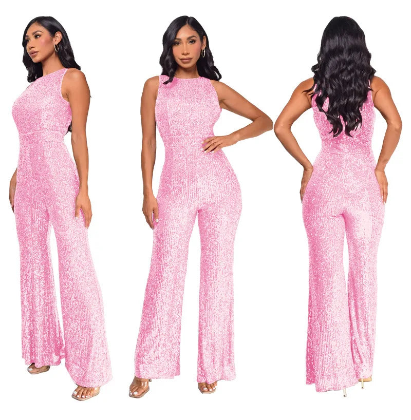 Bling Bling Sequined Club Jumpsuit Sexy Women O-neck Elegant Shiny Sliver Gold Sequins Straight Romper Overalls - Matrix Studios