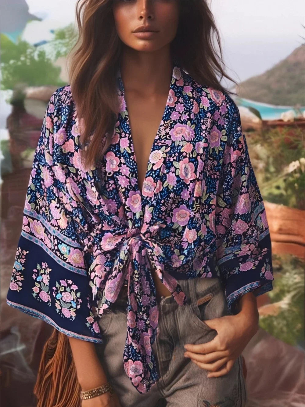 Boho Queens Kimono Cardigan Floral Short Robe Swimsuits Women Fashion Batwing Sleeves Rayon Bohemian Bikini Cover Ups Beachwear - Matrix Studios