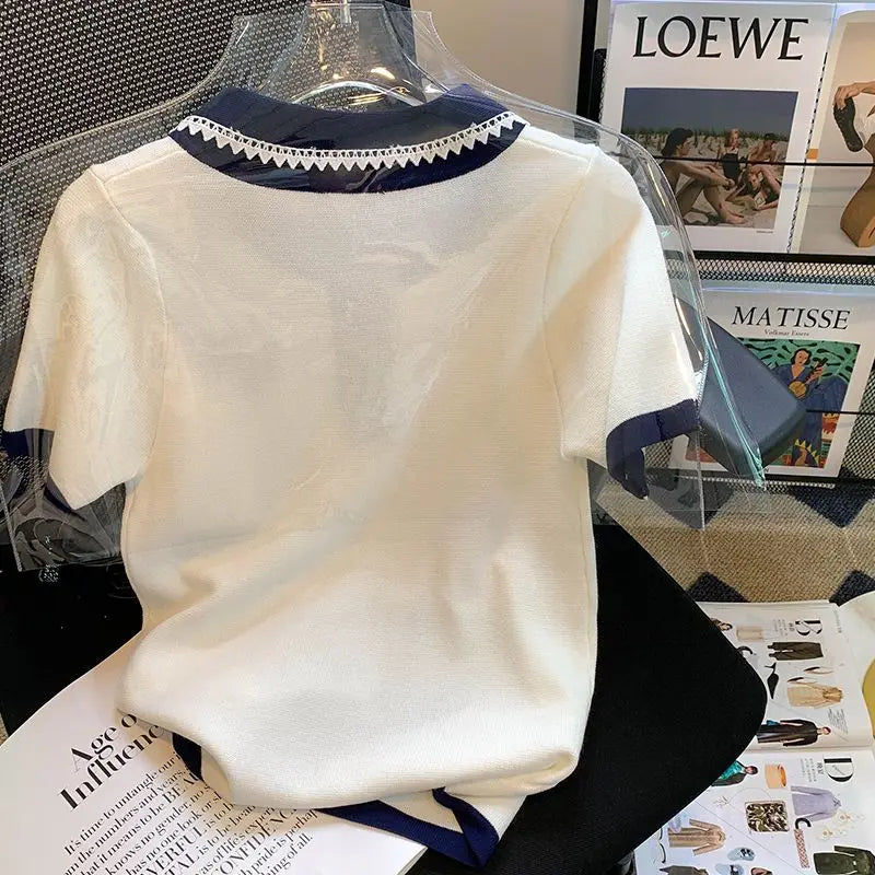 Korean Fashion T-shirt Women's Clothes 2024 Summer Polo Collar Luxury Designer Loose Short Sleeve Cotton T-shirt Women's Top - Matrix-studios.com