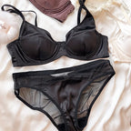 Women Ice Silk Comfort Underwear Sexy Small Breast Push Up Bra Set Detachable Padding Thin Cup Brassiere Intimates Panties Set - Matrix-studios.com