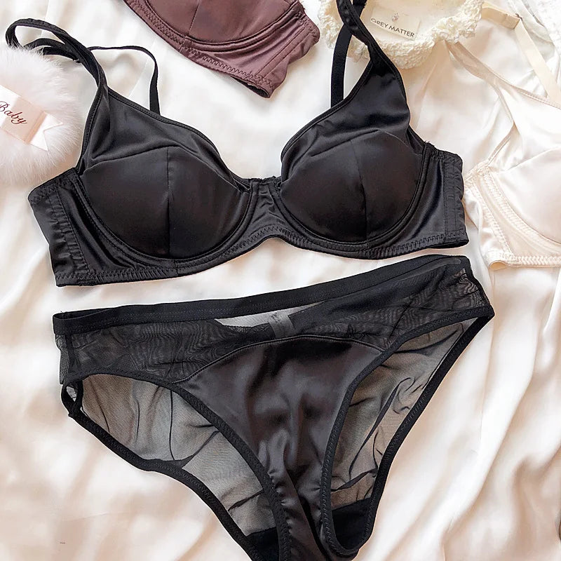 Women Ice Silk Comfort Underwear Sexy Small Breast Push Up Bra Set Detachable Padding Thin Cup Brassiere Intimates Panties Set - Matrix-studios.com