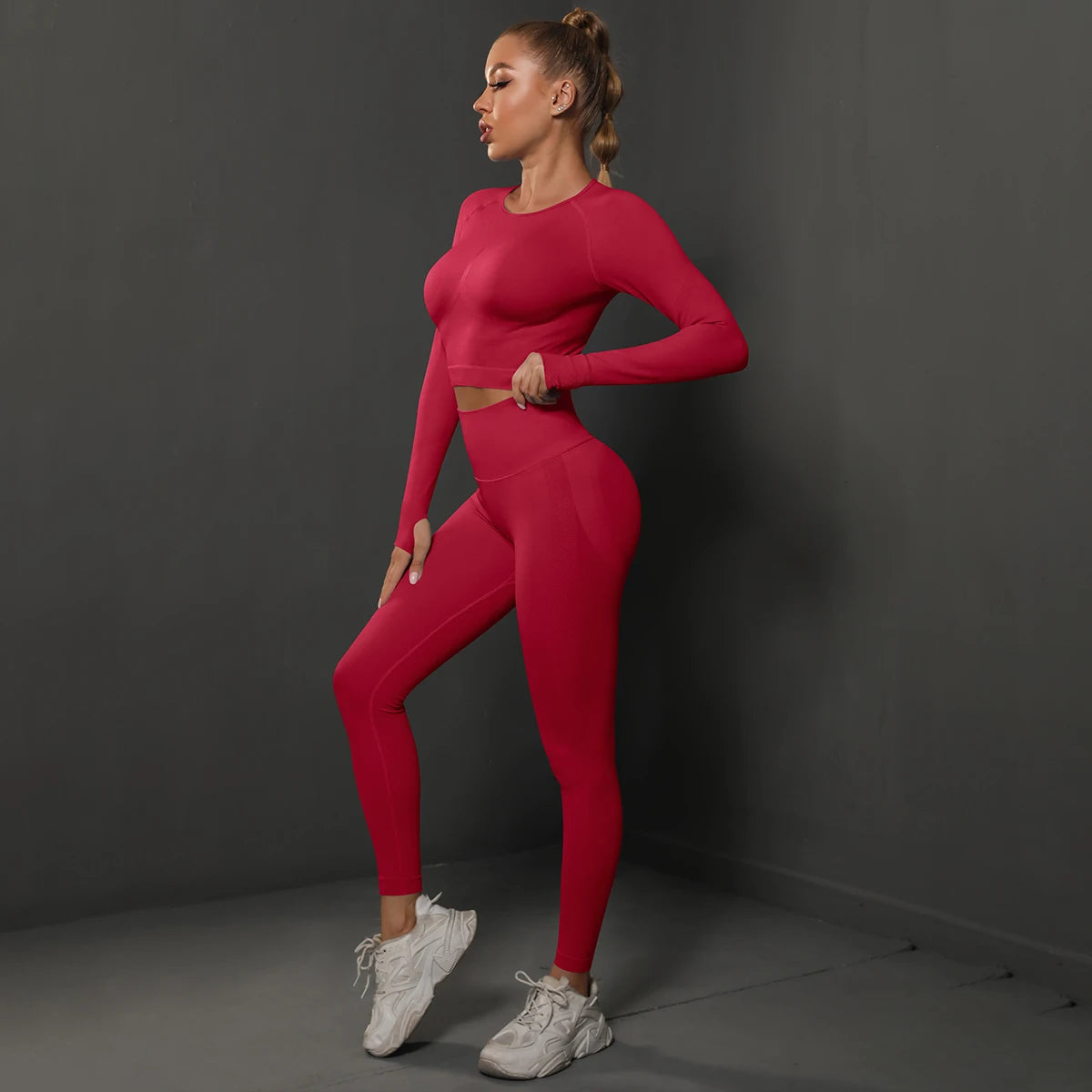 2Pcs Women Sets Energy Seamless Gym Suits Bubble Butt Sports Pants+Long Sleeve Shirts Push Up Running Sets Tracksuits Tights Set - Matrix-studios.com