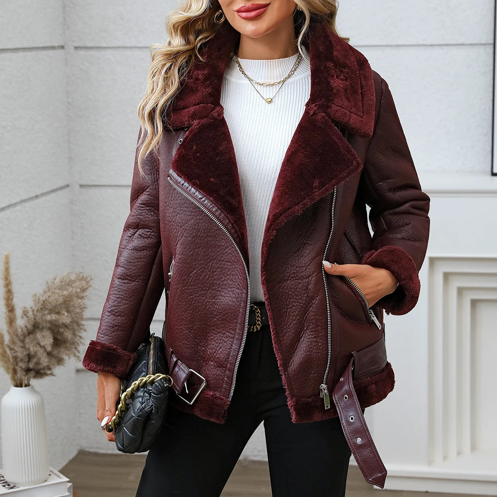 FTLZZ Winter Women Faux Fur Leather Jacket Casual Lady Thick Warm Leather Coat High Street Motorcycle Outwear - Matrix Studios