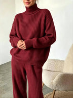Women Turtleneck Knit 2 Piece Outfit Ribbed Long Sleeve Sweater Tops Wide Leg Pants Set Casual Loose Loungewear Tracksuit Daily Homewear