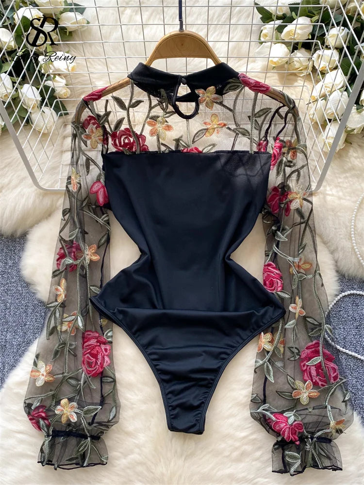 SINGREINY Vintage Embroidery Gauze Sexy Bodysuits Stand Collar Long Sleeve Playsuits Fashion Spliced Women Open crotch Rompers - Matrix Studios