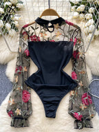 SINGREINY Vintage Embroidery Gauze Sexy Bodysuits Stand Collar Long Sleeve Playsuits Fashion Spliced Women Open crotch Rompers - Matrix Studios