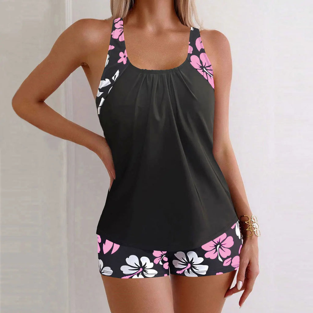 Printed Flower Tankini Set  Girl Swimwear Adjustable Strap Vest Bra Female Flower Shorts Bikini Drawstring Women Beach Set - Matrix-studios.com