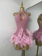 High Quality Women Sexy Halter Beading Feather Tight Bodysuit Nightclub Performance Leotard Luxury Party Celebrate Stage Wear - Matrix Studios