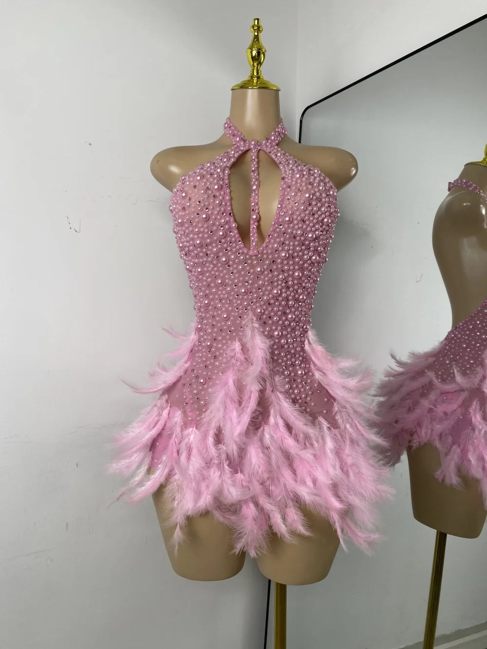 High Quality Women Sexy Halter Beading Feather Tight Bodysuit Nightclub Performance Leotard Luxury Party Celebrate Stage Wear - Matrix Studios
