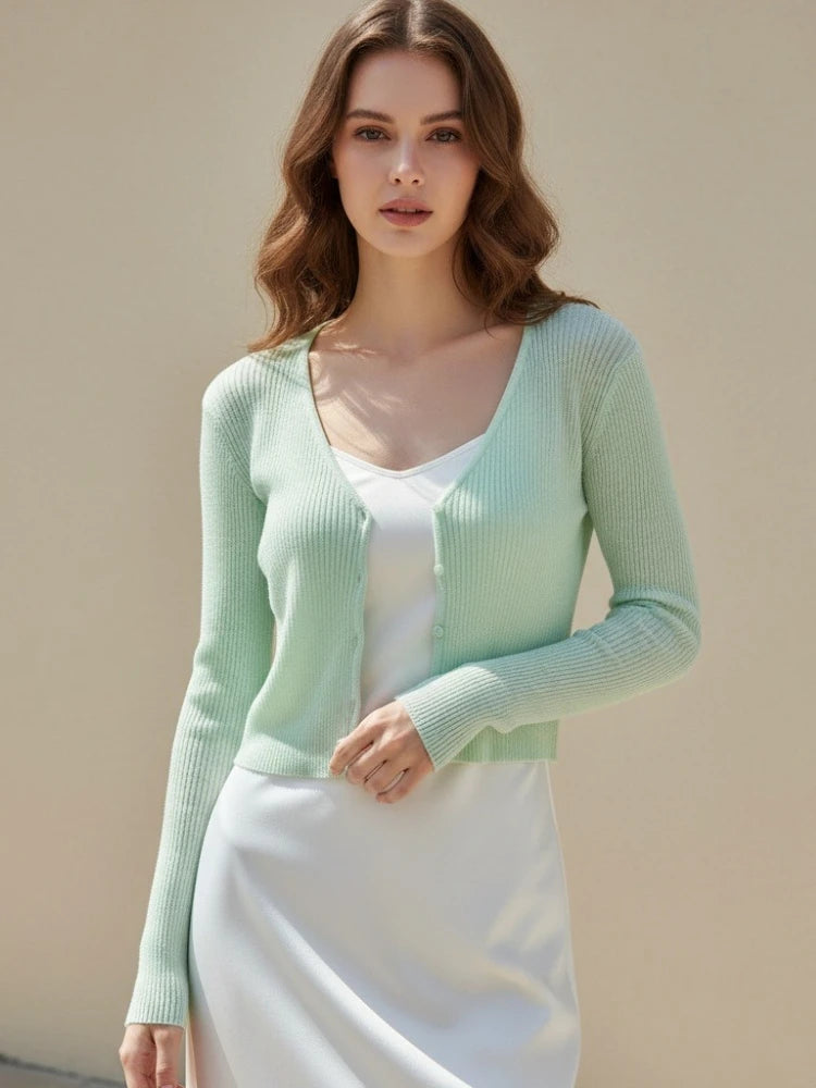 Korean Women Cardigan Summer Thin Casual Solid Feminino Sun-proof All-match Knitted V-neck Sweet Style Candy Color Basic Daily - Matrix Studios