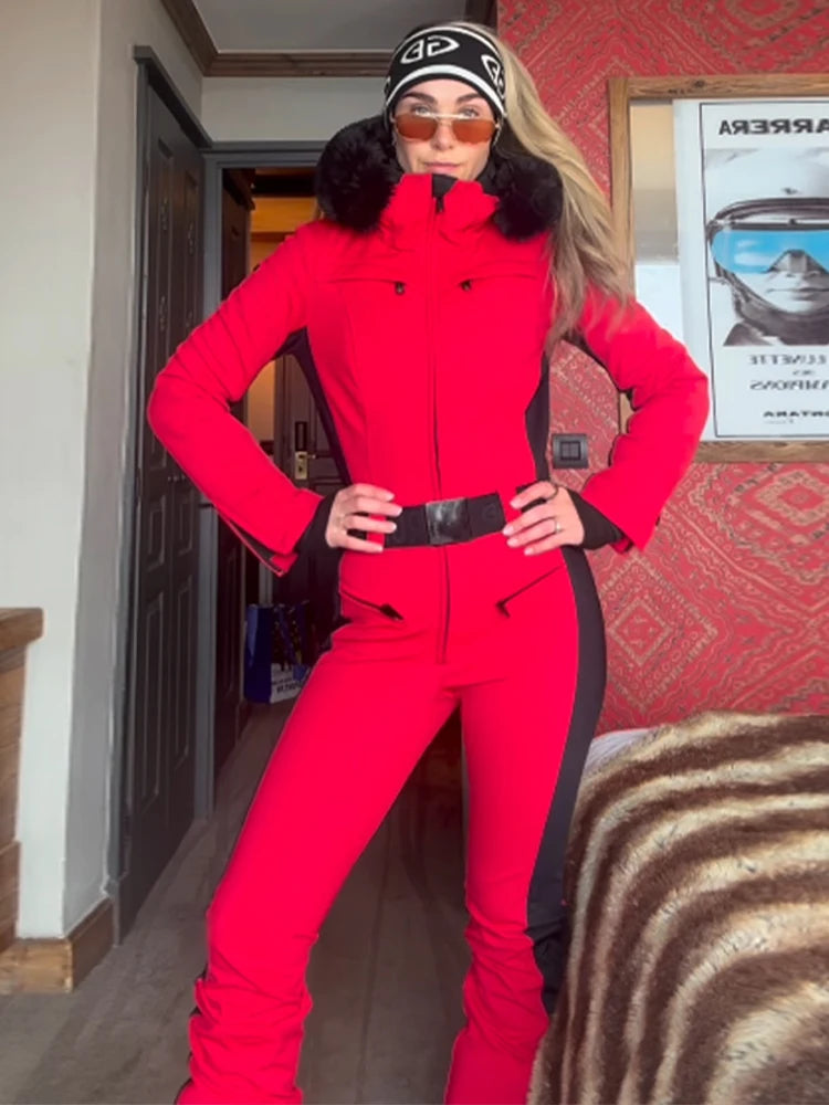 Fashion Hooded Ski Jumpsuit Women Faux Fur Patchwork Zippers Pocket With Belt High Wait Skiing Jumpsuits 2026 Winter Romper Lady - Matrix Studios