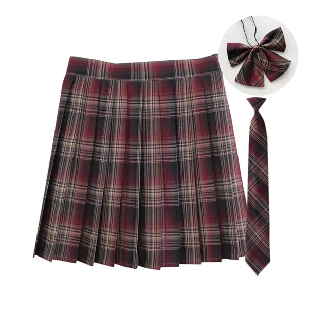 Women Summer Plaid Pleated Skirt With Necktie Bowtie Korean Jk Skirt Uniform Japanese School Preppy A Line Mini Skirts - Matrix-studios.com