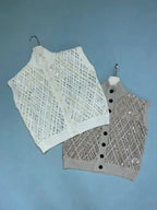 Naizaiga  100 cashmere mock neck white mocha hollow out autumn women sleeveless sequin cardigans  JH1 - Matrix Studios