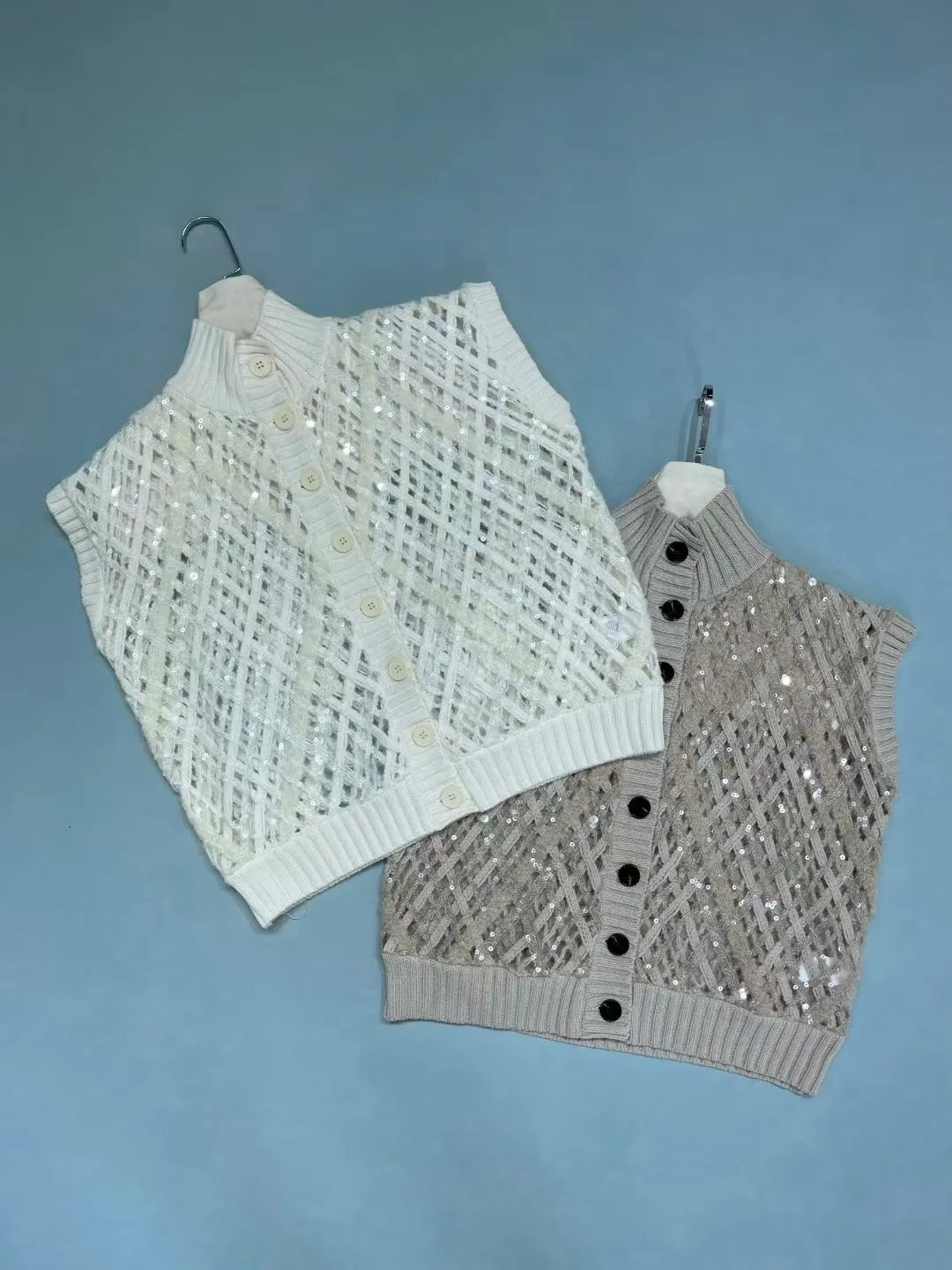 Naizaiga  100 cashmere mock neck white mocha hollow out autumn women sleeveless sequin cardigans  JH1 - Matrix Studios