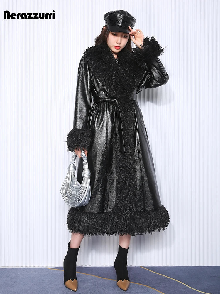 Nerazzurri Autumn Winter Long Loose Black Quilted Warm Soft Pu Leather Coat Women with Faux Fur Trim Sashes European Fashion - Matrix Studios