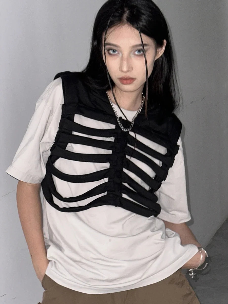 Women Gothic Vest Coat Hollowed Skeletal Gilet Hoodie Sleeveless Hooded Waistcoat Streetwear for Party - Matrix Studios