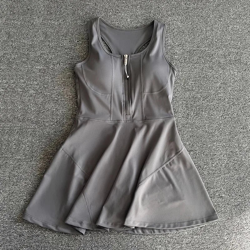 Tennis Skirt Casual Half Zipper Sports Fitness Dress Anti-Running High Waist Slim Golf Yoga Dress - Matrix-studios.com