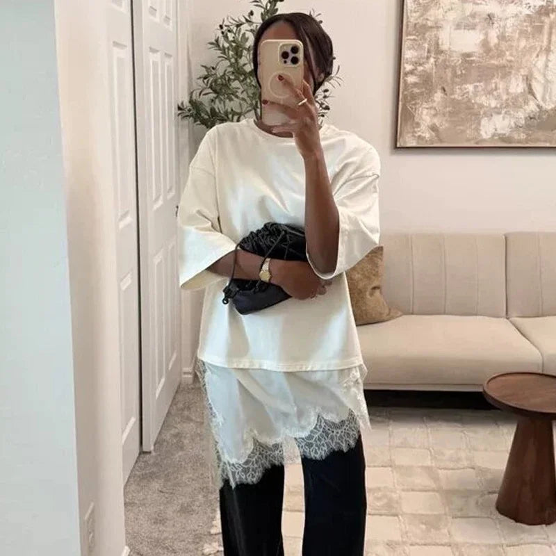 MUJER Polo Lace Women's T-shirt Asymmetric Tank Tops for Woman Short Sleeve Funny Woman T-shirts Streetwear Casual Tops Ladies - Matrix-studios.com