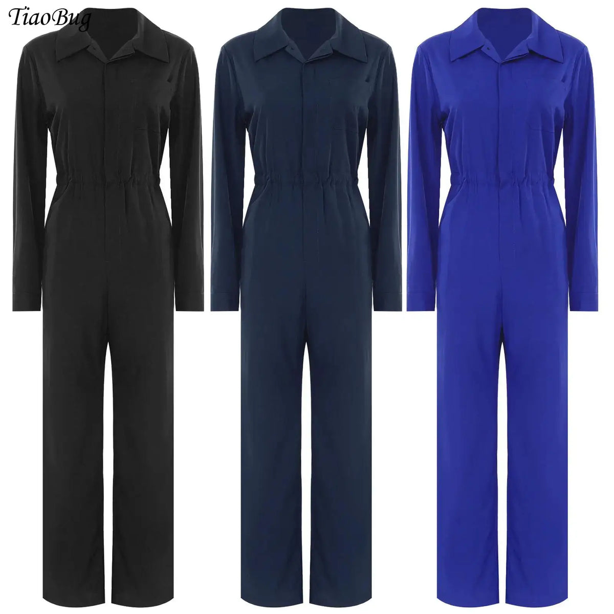 Womens Casual Jumpsuit Coverall Solid Color Long Sleeve Turn-Down Collar Button Flap Romper Fashion Work Travel Holiday Homewear - Matrix Studios