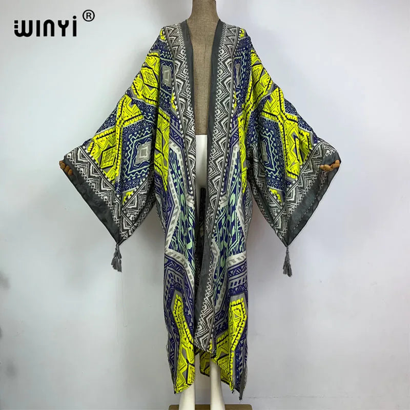 2023 WINYI New Cotton Feeling Bikini Cover-ups Bohemian Print Front Open Long Kimono Kaftan Beach Cover Ups for Swimwear Dresses - Matrix Studios