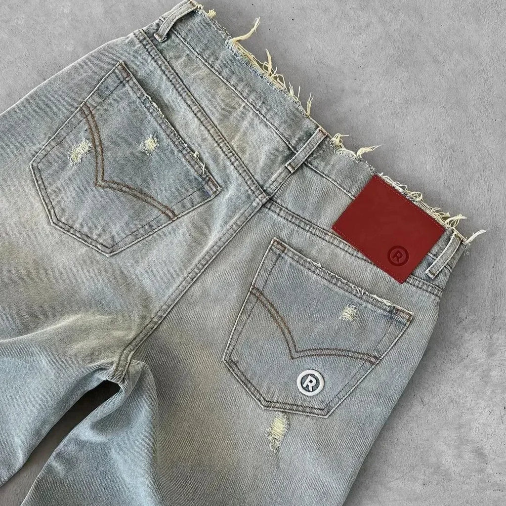 Straight Jeans Distressed Men Jean Ripped Holes Washed Denim Pants Ankle Length Loose Solid Zipper Fly Pockets Casual 2025 - Matrix Studios
