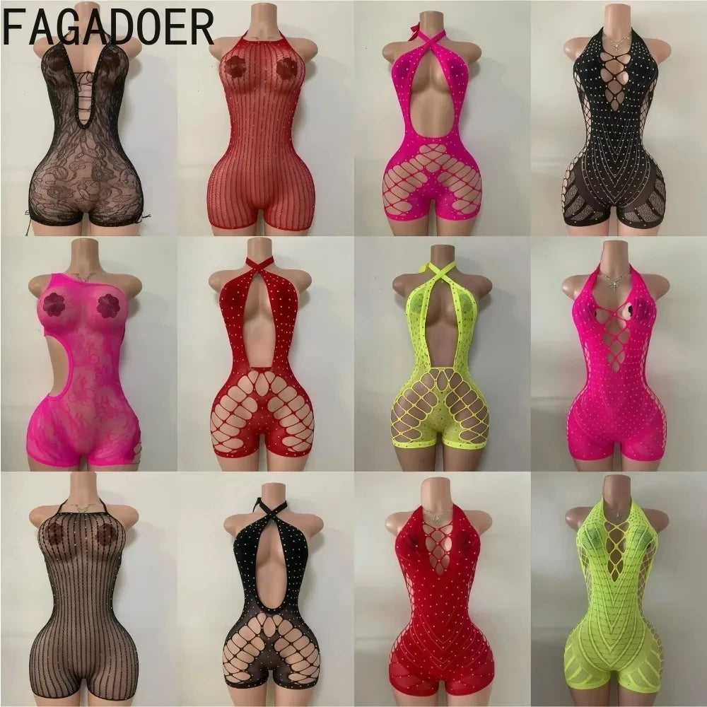 FAGADOER Sexy Hollow-out Rhinestone Patchwork Bodycon Rompers Woman Halter Sleeveless Backless Jumpsuits Female Party Clubwear - Matrix Studios
