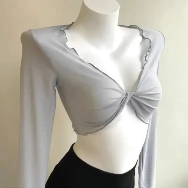 Fashion Elegant Women Sexy See Through Solid Cardigans Long Sleeve Mesh Vintage Lace Up Crop Tops Streetwear Short Cardigans - Matrix Studios
