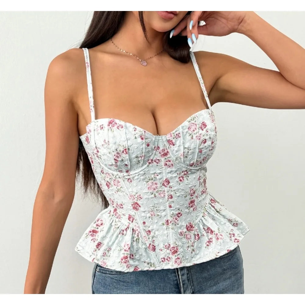 Sexy Slim  Corset ruffle print Chic Korean Camis Tank Top Basic Fashion Off Shoulder Summer Women Clothing - Matrix-studios.com