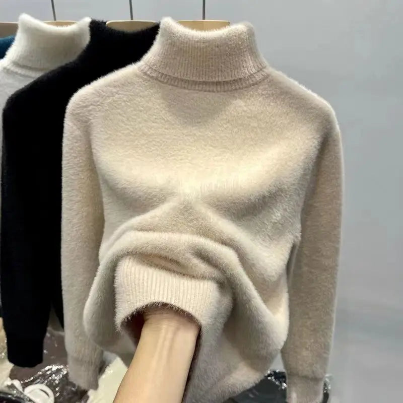 Women's Turtleneck Sweater Faux Mink Top for Women Solid Plush Thickened Warm Bottoming Shirts Basic Knitwear Thermal Pullovers - Matrix Studios