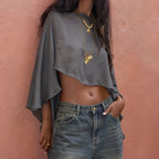 Women Chiffon Capelets Sheer Mesh Shawl Wraps Asymmetrical Ruffle Hem Flowy Poncho Top for Evening Clothes - Matrix Studios
