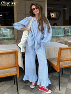 Clacive Fashion Loose Plaid Cotton Women's 3 Pieces Set 2025 Elegant Long Sleeve Shirt With High Wiast Wide Pants Set Female - Matrix-studios.com