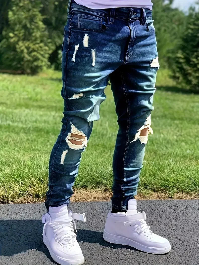 Men's Distressed Stretch Denim Jeans Street Style Ripped Detail Comfortable Versatile All Seasons Everyday Fashion - Matrix Studios