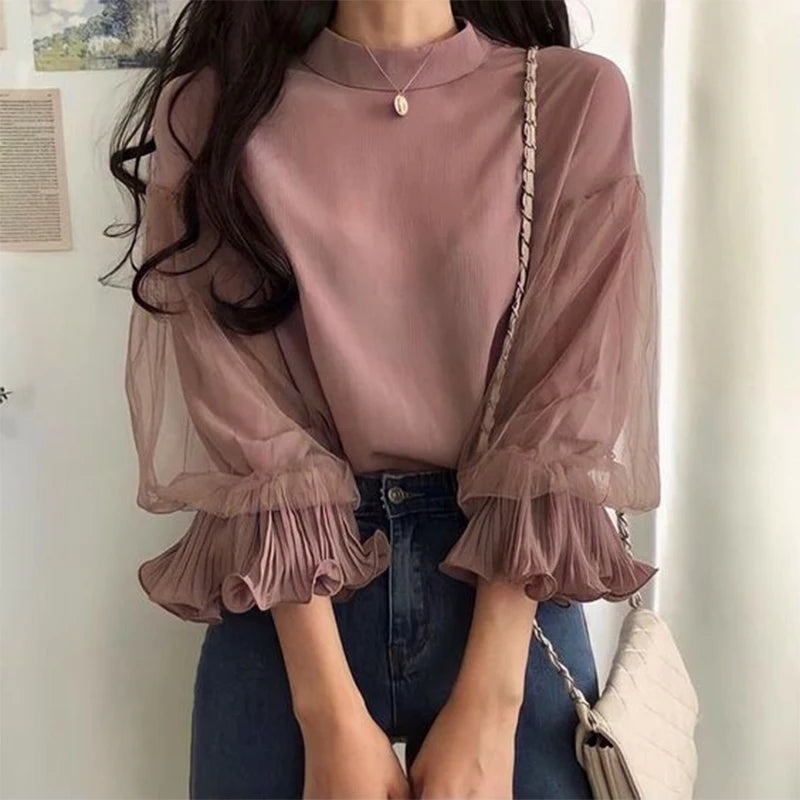 ZANZEA Women Elegant Party Blouse Vintage Mesh Ruffle 3/4 Sleeve Tops 2024 Autumn Stand Collar Shirts Korean Version Loose Tunic - Matrix-studios.com