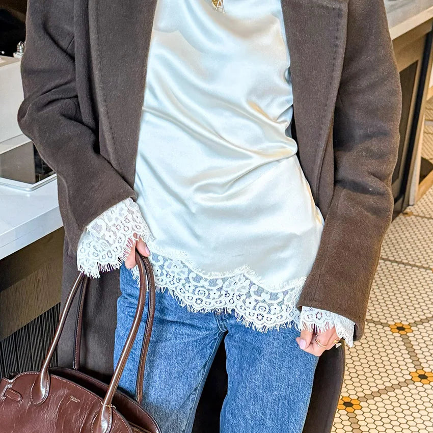 Linad Elegant White Lace Flare Sleeve Woman Blouse 2026 Vintage Satin Asymmetrical Shirts Female Casual O Neck Pullover Tops - Matrix-studios.com