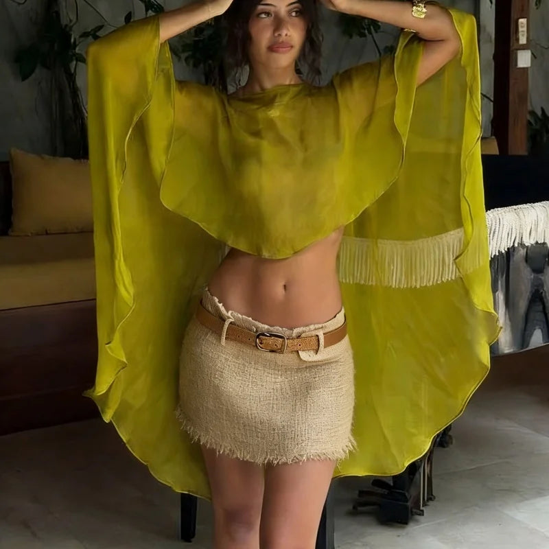 Women Chiffon Capelets Sheer Mesh Shawl Wraps Asymmetrical Ruffle Hem Flowy Poncho Top for Evening Clothes - Matrix Studios