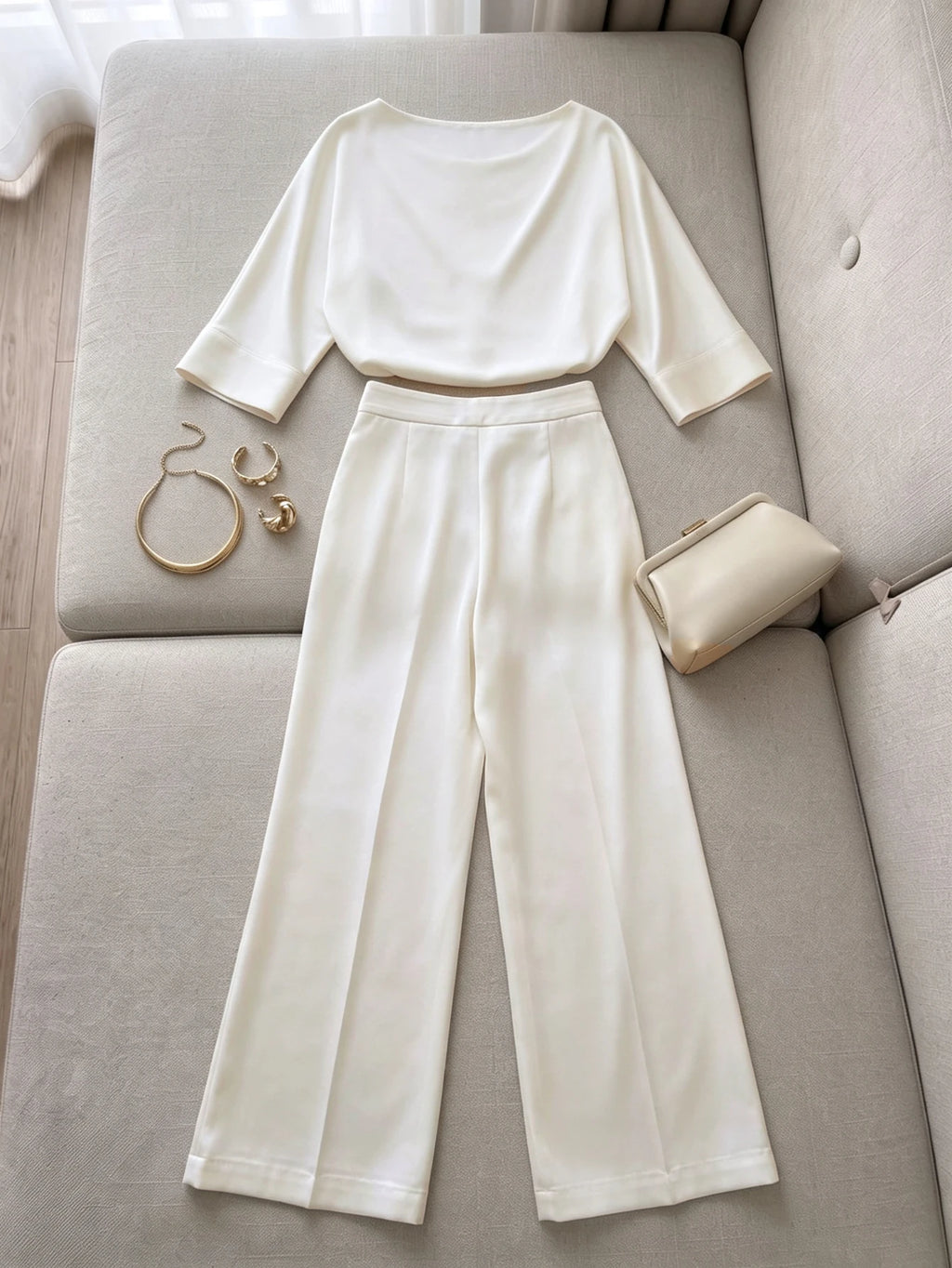 Draped Cowl Neck Half Sleeve Top And High Waist Wide Leg Pants Two Piece Outfit Set With Side Pockets Elegant Formal Matching Suit For Women - Matrix-studios.com