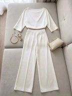 Draped Cowl Neck Half Sleeve Top And High Waist Wide Leg Pants Two Piece Outfit Set With Side Pockets Elegant Formal Matching Suit For Women - Matrix-studios.com