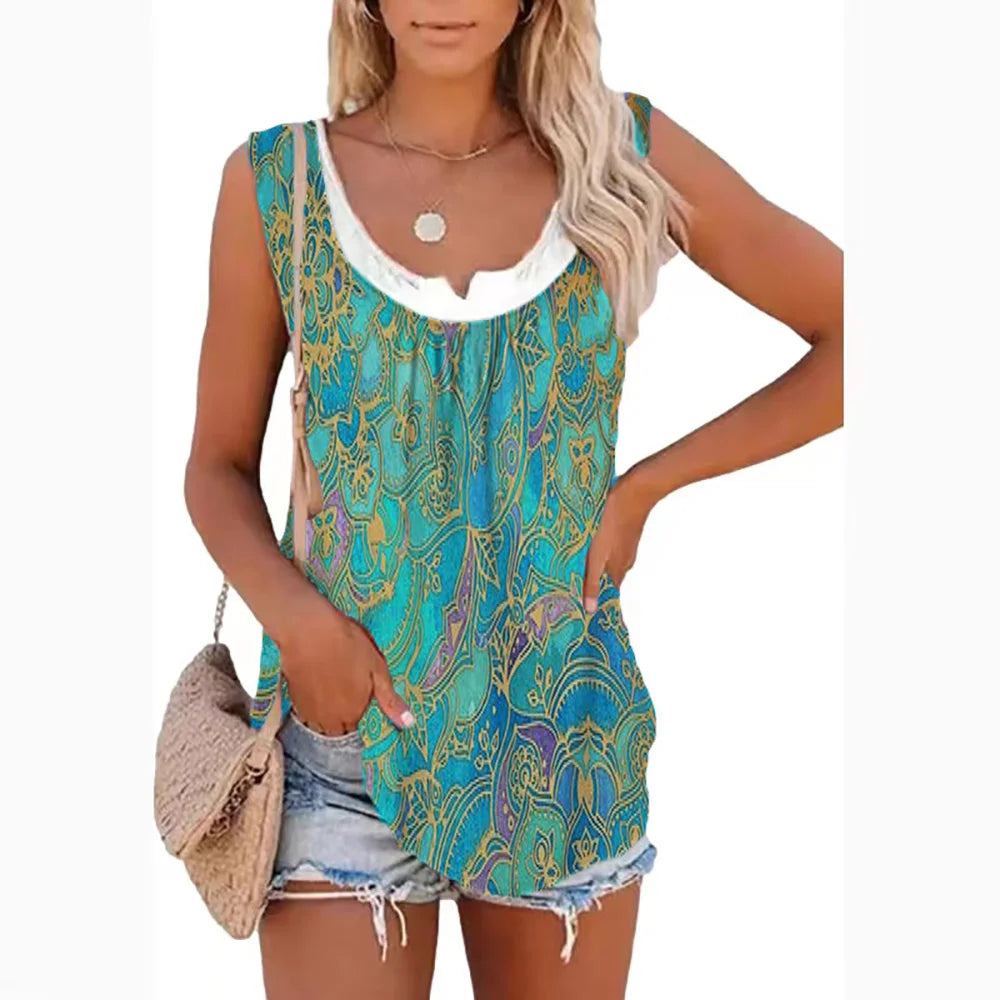 2026 Summer New Arrival Women's Two-Piece Look Sleeveless Tank Top Leaf Print Loose Casual Camisole with Pockets - Matrix-studios.com