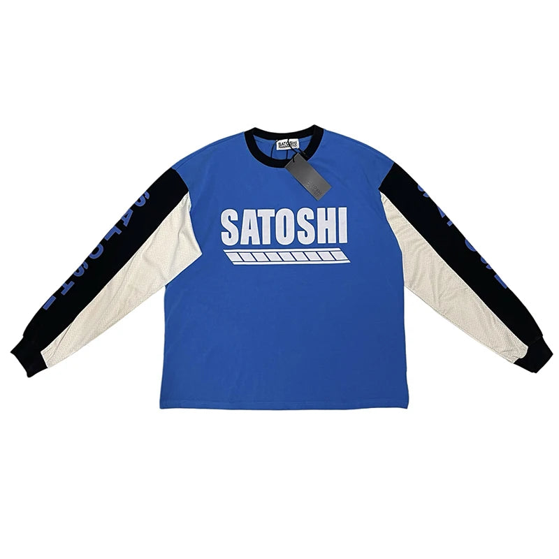 Satoshi Nakamoto Long-Sleeved T-Shirt 26FW Multi-color Patchwork Sleeve Roundneck Letter-Print Tops Loose Casual Design Tee - Matrix-studios.com