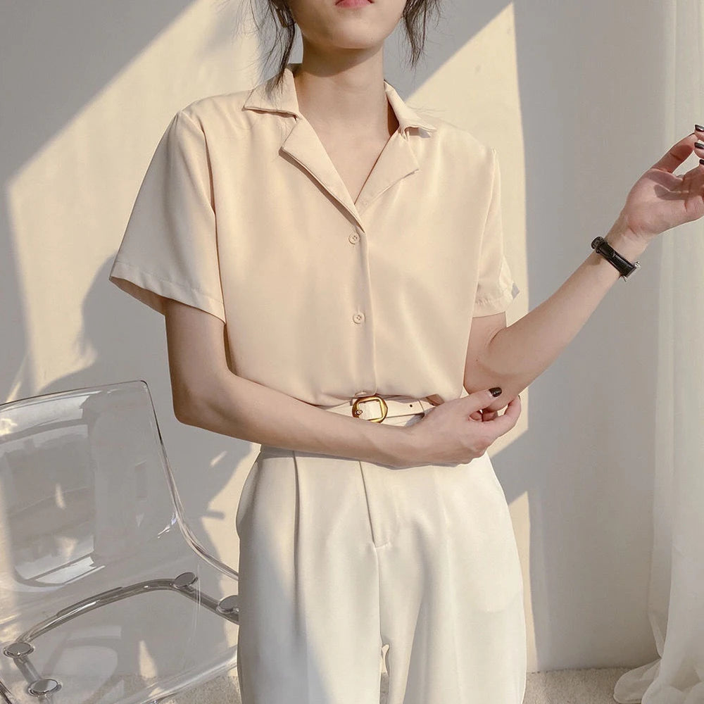 Women Summer Chiffon Blouse Elegant Short Sleeve V Neck Loose Shirt Casual Solid Korean Chic Simple Tops Female Tunic Blusas - Matrix-studios.com