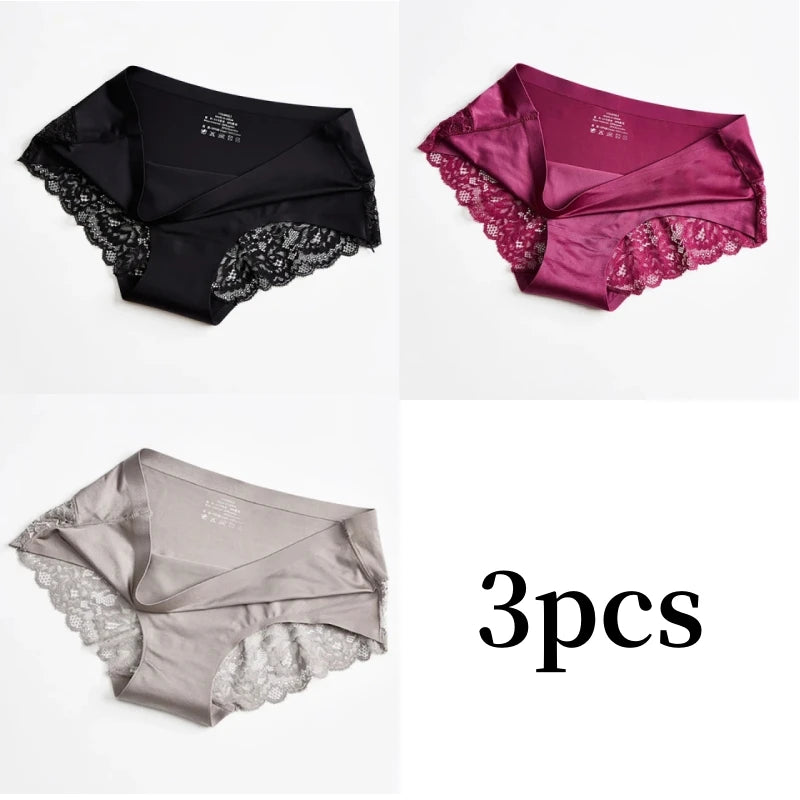 3pcs Lace Women's Panties French Seamless Underwear Female Ice Silk Briefs Solid Color Breathable Underpants Lingerie - Matrix Studios