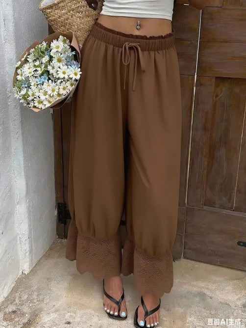 Womens Wide Leg Pants White Polyester Lace Trim Hem Casual Loose Fit Summer Trousers Wide Leg Pants - Matrix-studios.com