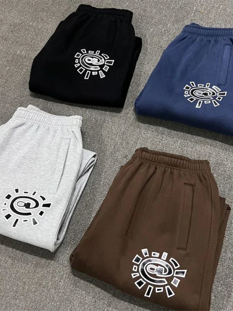 HOUZHOU Vintage Graphic Fleece Sweatpants Women Casual Classic Gray Black Wide Leg Warm Trouser Thick Jogger Hip Hop Winter 2024 - Matrix-studios.com