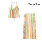 CHARMCHANT Women's Colorful Stripe Two Piece Outfit Halter Backless Tie Top Wide Leg Trousers Holiday Matching Suit Summer 2026 - Matrix-studios.com