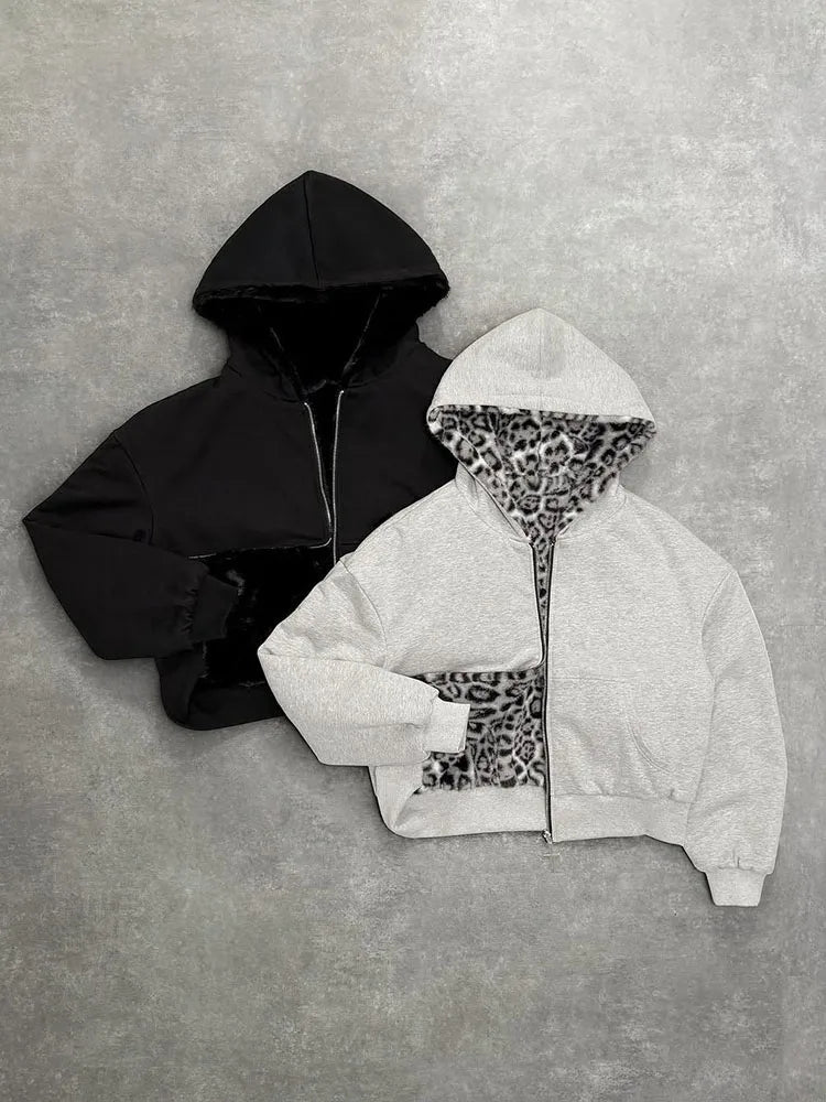Unisex hoodie hooded sweatshirt with leopard print lining pocket, loose cardigan, zipper sweatshirt, streetwear style - Matrix Studios