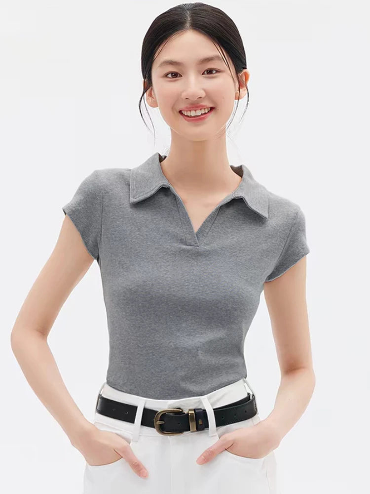 2026 Summer New Solid Color Ribbed Polo Collar Women T-shirt Korean Style Slim Short Sleeve Tee Minimalist Versatile Casual Top - Matrix-studios.com