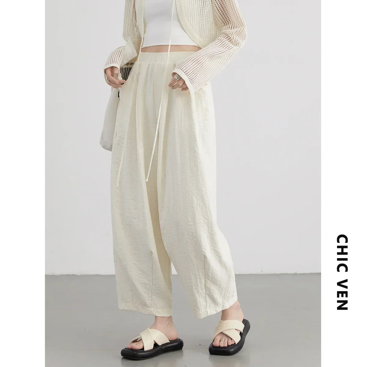 CHIC VEN Women White Pants Solid Casual Elastic Waist High Waisted Pleated Wide Leg Female Trousers  Fold Summer 2025 Clothing