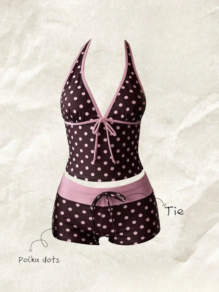 Women Swimwears Polka Dot 2-Piece Tankini Set Halter V Neck Front Tie Cami Top & Contrast Waistband Drawstring Swim Shorts - Matrix-studios.com